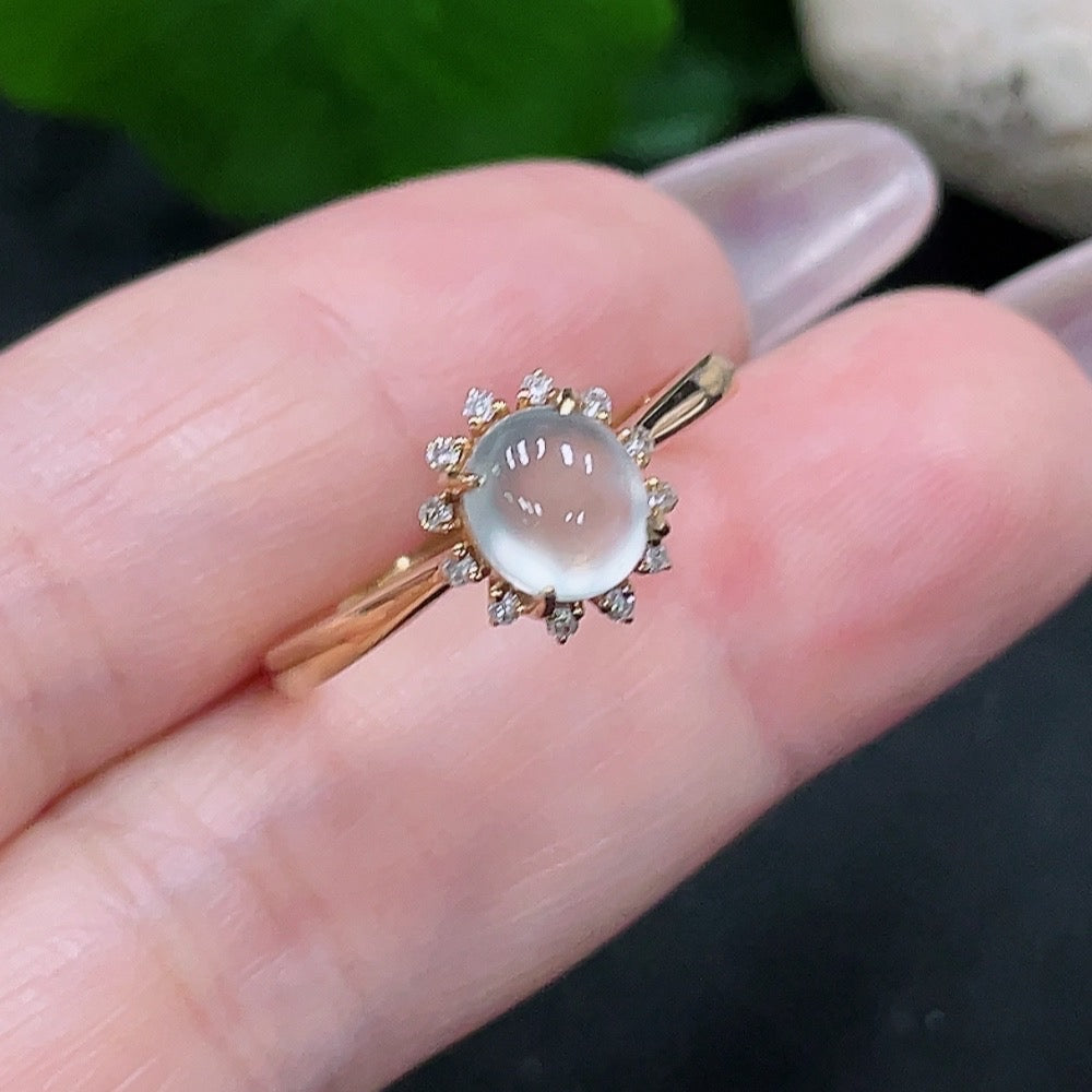 HUILIU HQ jadeite inlaid ring with diamond accents, size 17, 73% gold, approximately 2.4g weight, elegant and detailed jewelry piece.