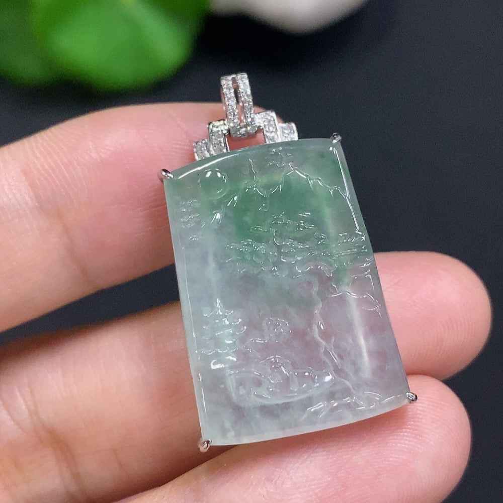 Jadeite landscape inlaid pendant by HUILIU HQ featuring 18K gold setting, with intricate jade design, total weight approx. 4.9g.
