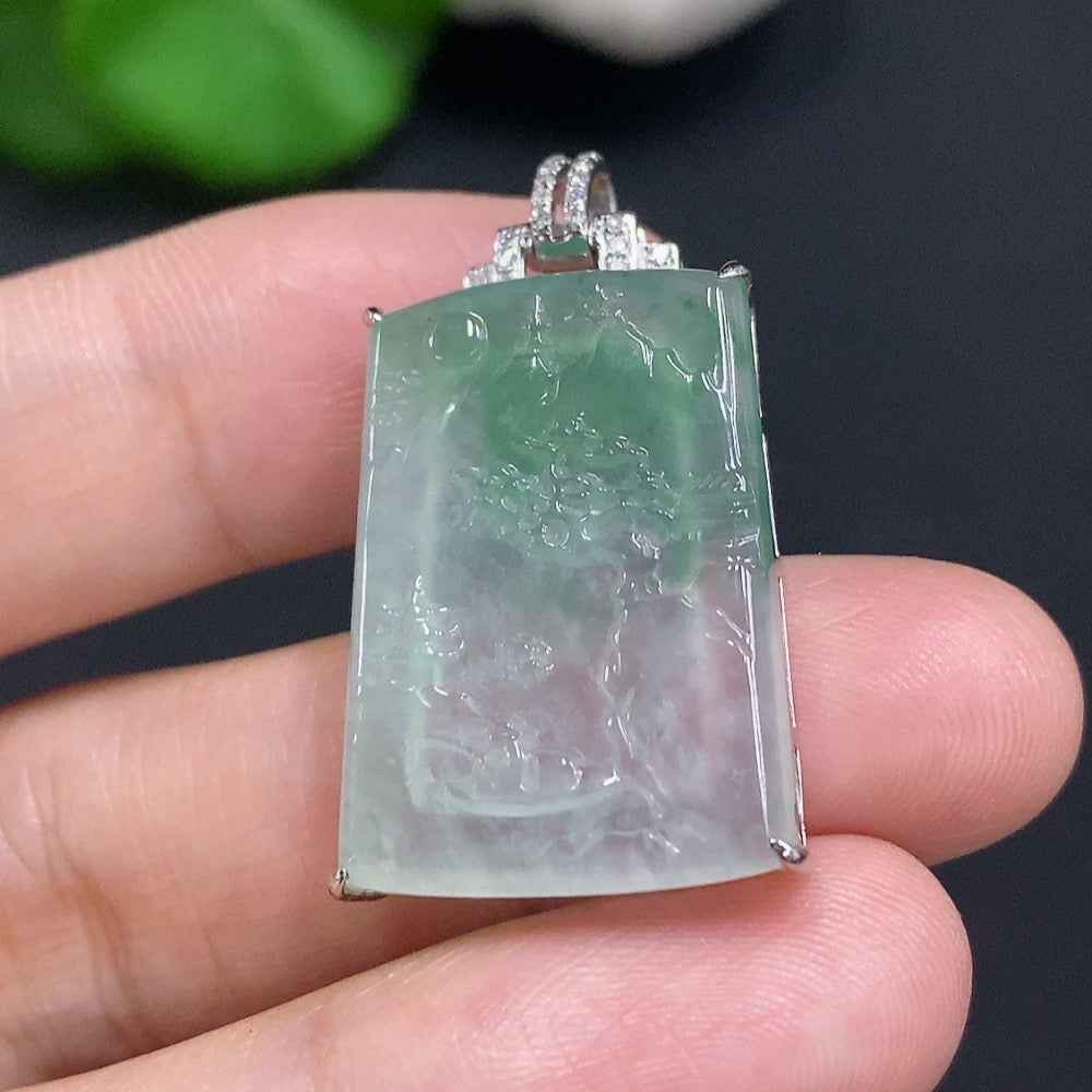 Jadeite landscape inlaid pendant with 18K gold from HUILIU HQ, showcasing intricate jade design and craftsmanship.