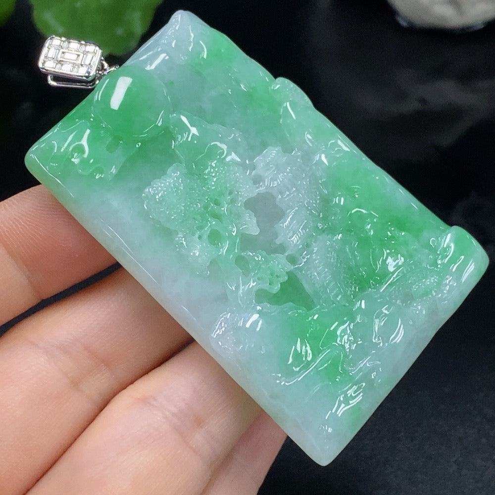 Huiliu HQ jadeite landscape pendant with 18k gold, approximately 38.16g, showcasing intricate jade carving and natural green hues.