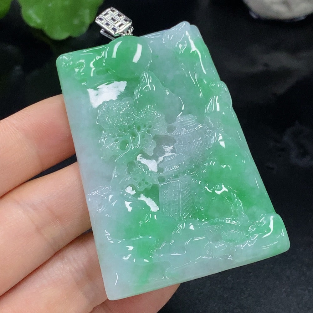 HUILIU HQ jadeite landscape pendant crafted from jade, weighing approximately 38.16g, featuring detailed natural landscape design.