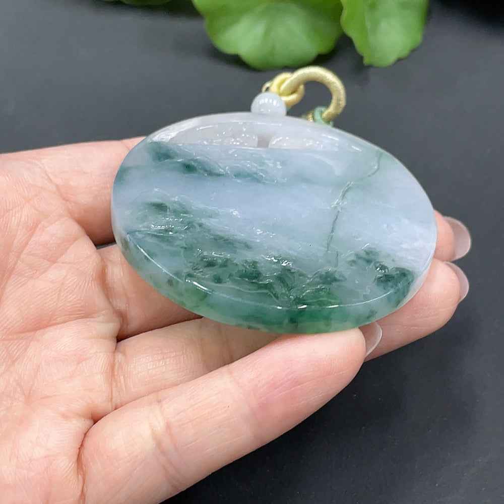 Jadeite landscape pendant from HUILIU HQ showcasing intricate jade design, gross weight 52.048g, natural green jade color.