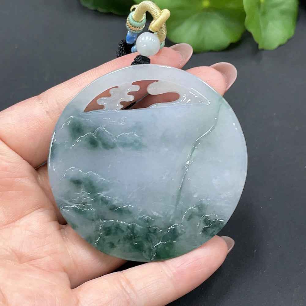 HUILIU HQ jadeite landscape pendant weighing 52.048g, featuring detailed natural jade design with intricate landscape carving.