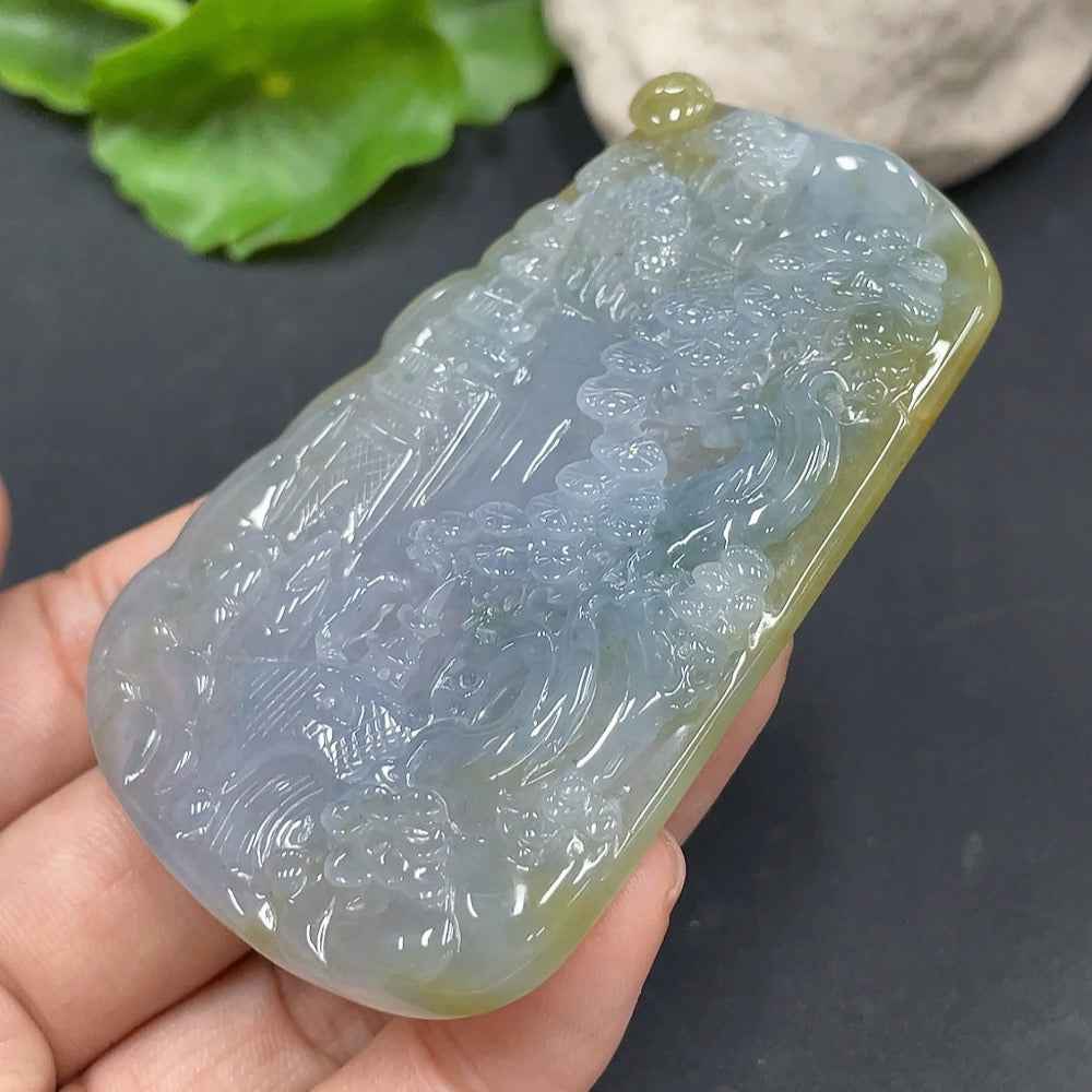 HUILIU HQ jadeite landscape pendant showing intricate green jade design, weighing 47.933g, natural stone craftsmanship.