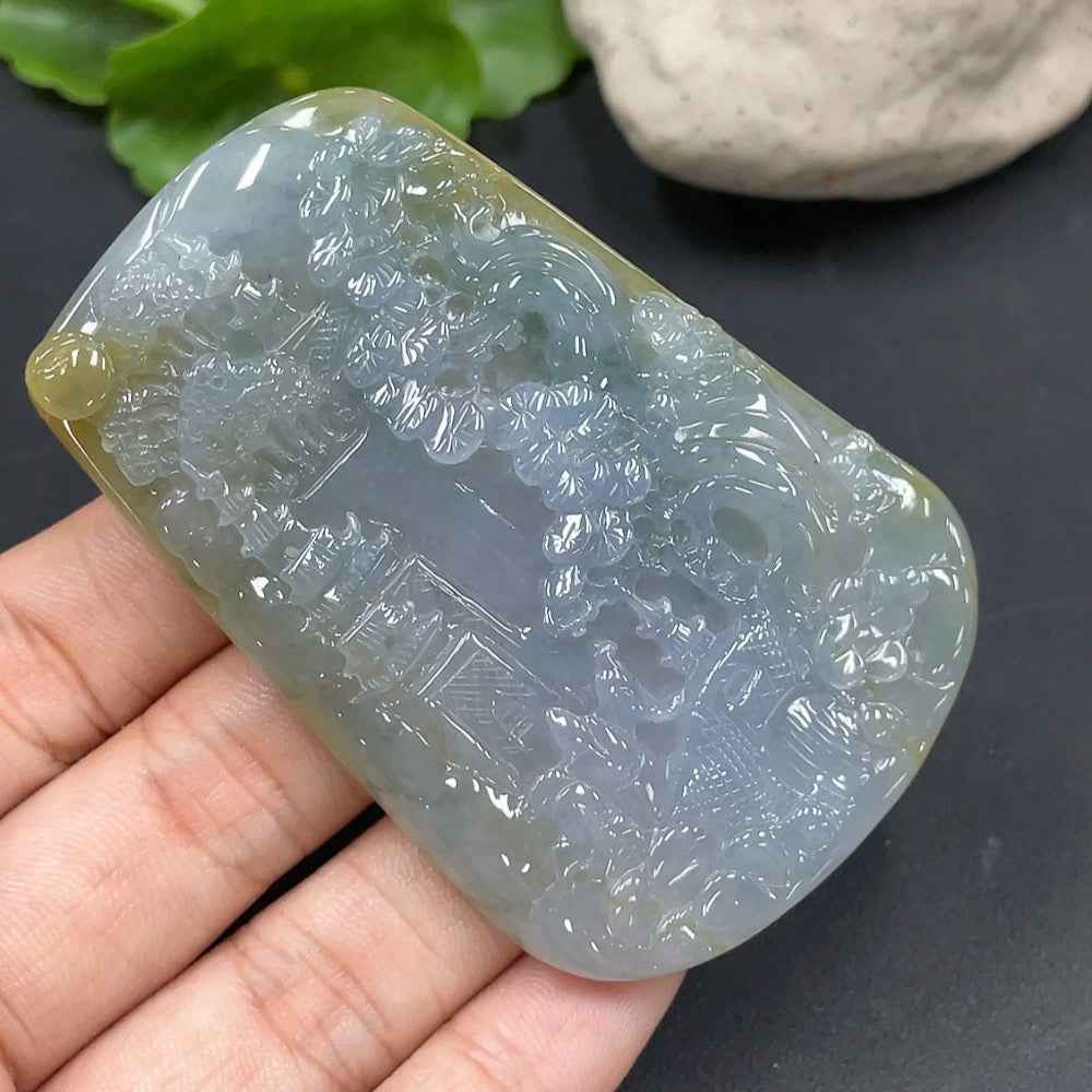 Jadeite landscape pendant by HUILIU HQ featuring a detailed natural jade design, weighing approximately 47.9 grams.