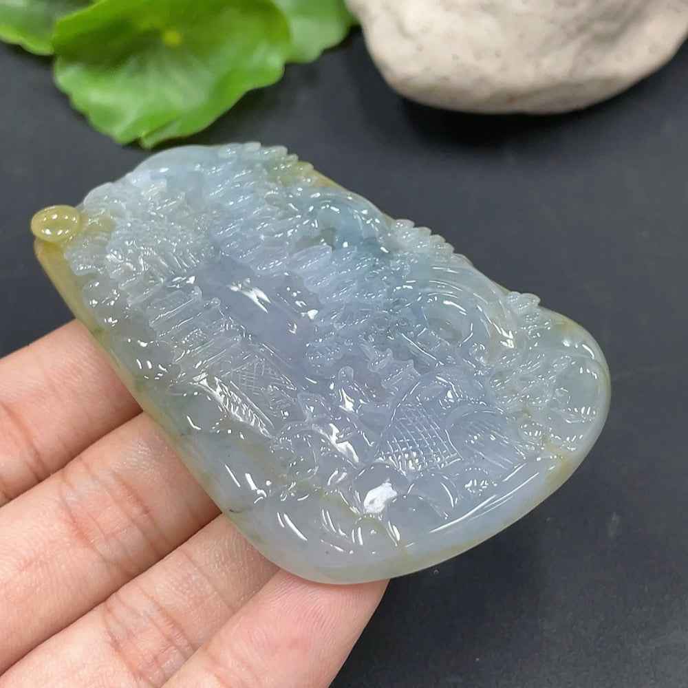 Jadeite landscape pendant by HUILIU HQ, showcasing intricate green jade carving with natural landscape design, weighs 47.933g.