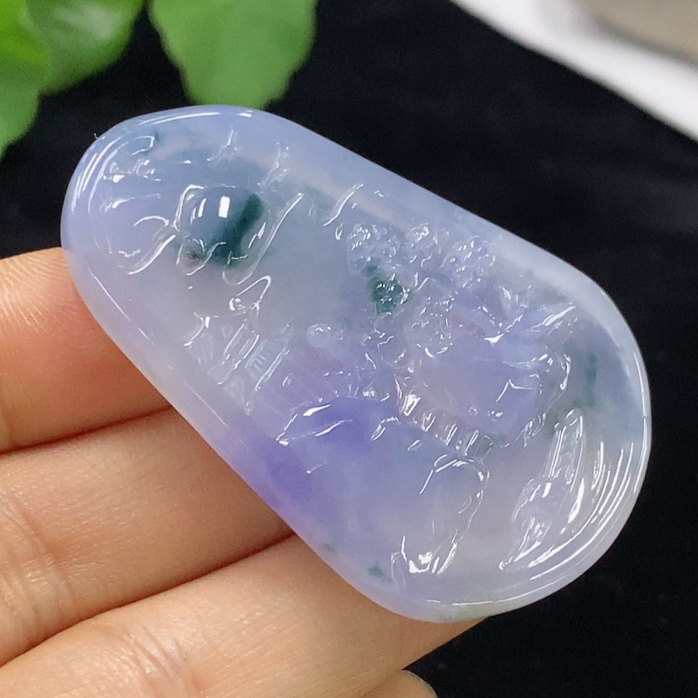 HUILIU HQ jadeite landscape pendant showing detailed carved scene, approximately 17.2g, made of high-quality green jade.
