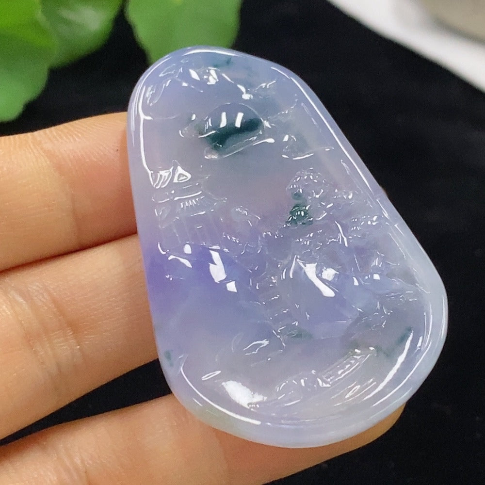 HUILIU HQ jadeite landscape pendant featuring intricate carvings, weighs approximately 17.2 grams, showcasing detailed jade craftsmanship.