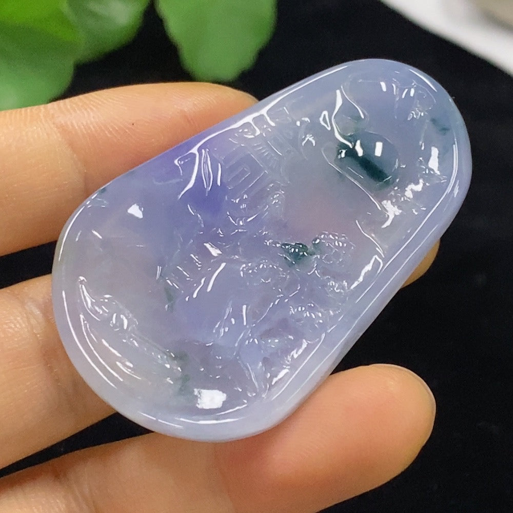 HUILIU HQ jadeite landscape pendant showcasing intricate carved jade design, weighing approximately 17.2 grams.
