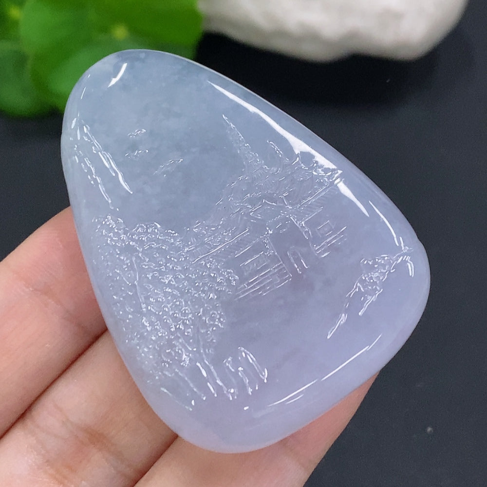 Jadeite landscape pendant by HUILIU HQ featuring detailed jade carving, weighs approximately 35.7 grams, with a natural landscape design.