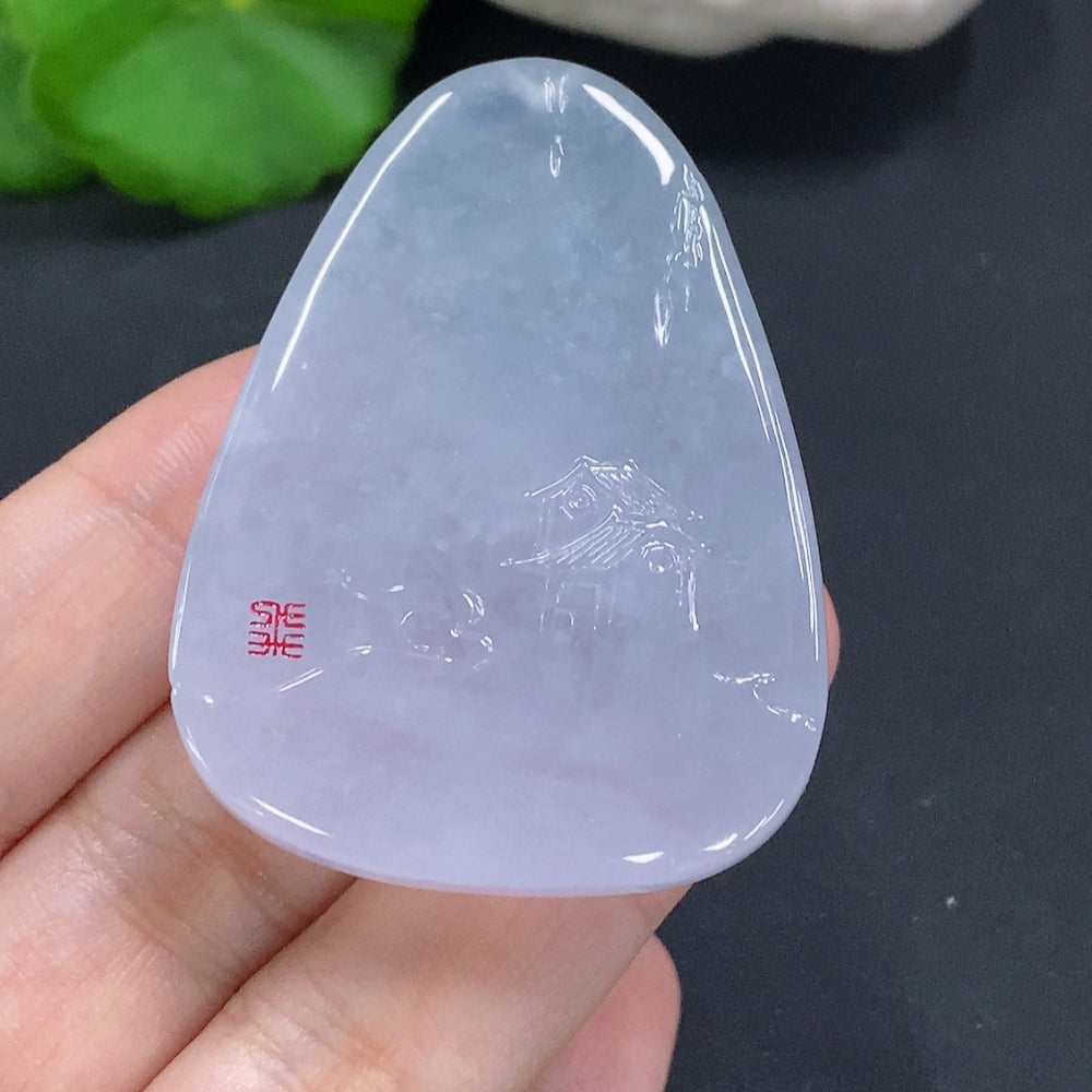 Jadeite landscape pendant by HUILIU HQ, showcasing intricate jade design, weight approximately 35.7g, natural green and brown hues.