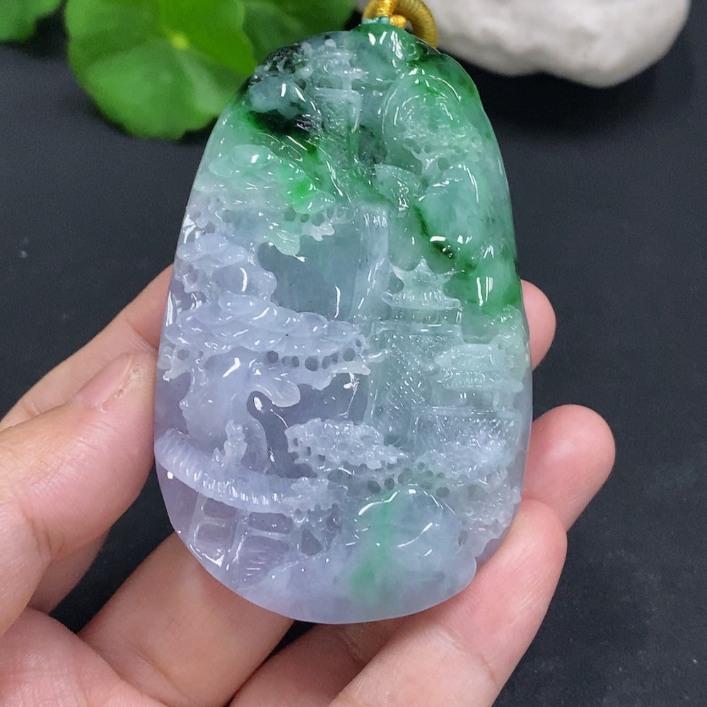 HUILIU HQ jadeite landscape pendant with cord, featuring natural mineral components, approximately 100.5g in weight.