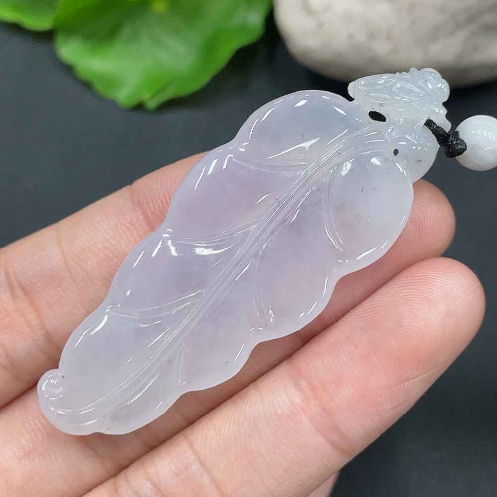 HUILIU HQ jadeite leaf pendant, intricately carved jade jewelry, weighs 16.072g, showcasing a detailed leaf design.