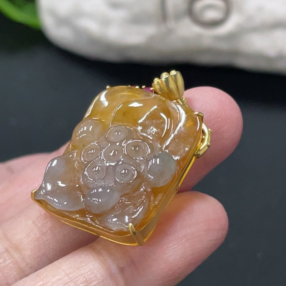Huiliu Certified jadeite lotus inlaid pendant showcasing intricate craftsmanship and vibrant green jade with floral design.