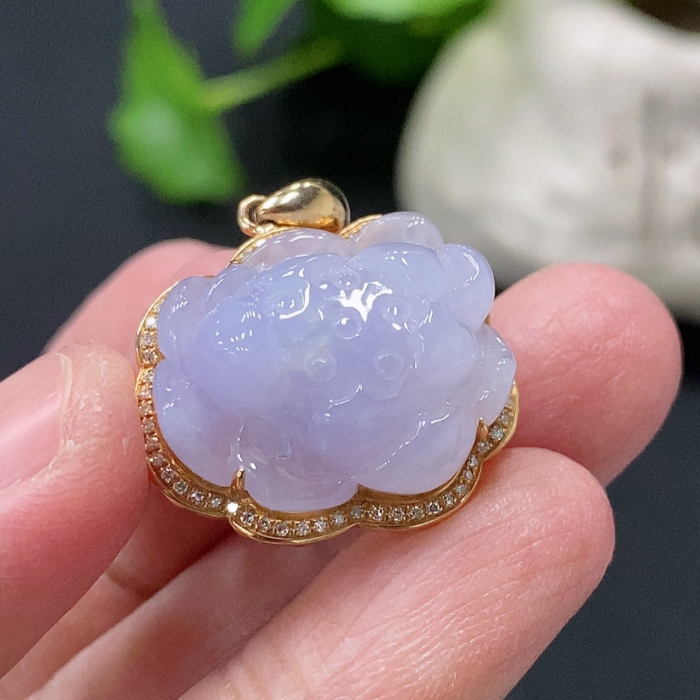 Huiliu Certified Jadeite Lotus Pendant Set with inlaid diamonds, featuring a delicate jade necklace and matching earrings.