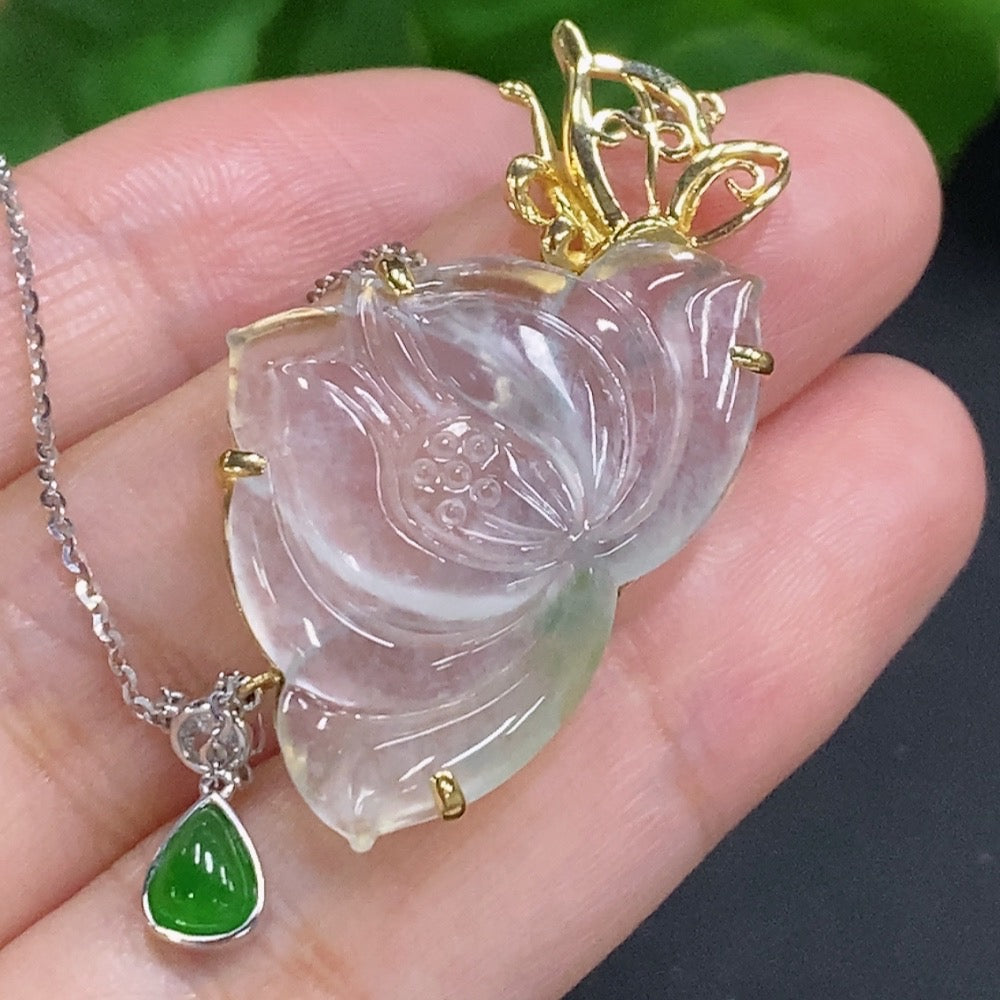 Huiliu HQ jadeite lotus inlay pendant with chain, featuring intricate jade craftsmanship and certified quality.