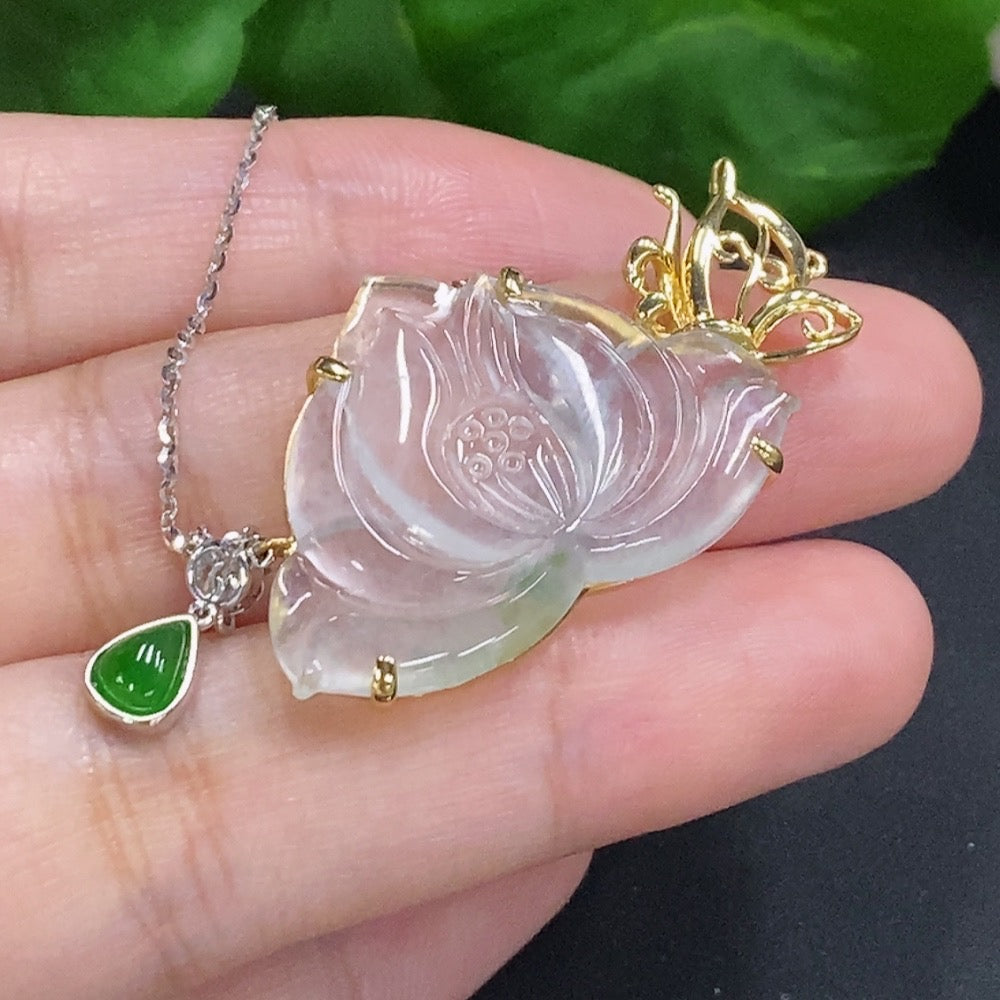 Huiliu HQ jadeite lotus inlay pendant with chain, featuring intricate jade jewelry craftsmanship and Huiliu certification.
