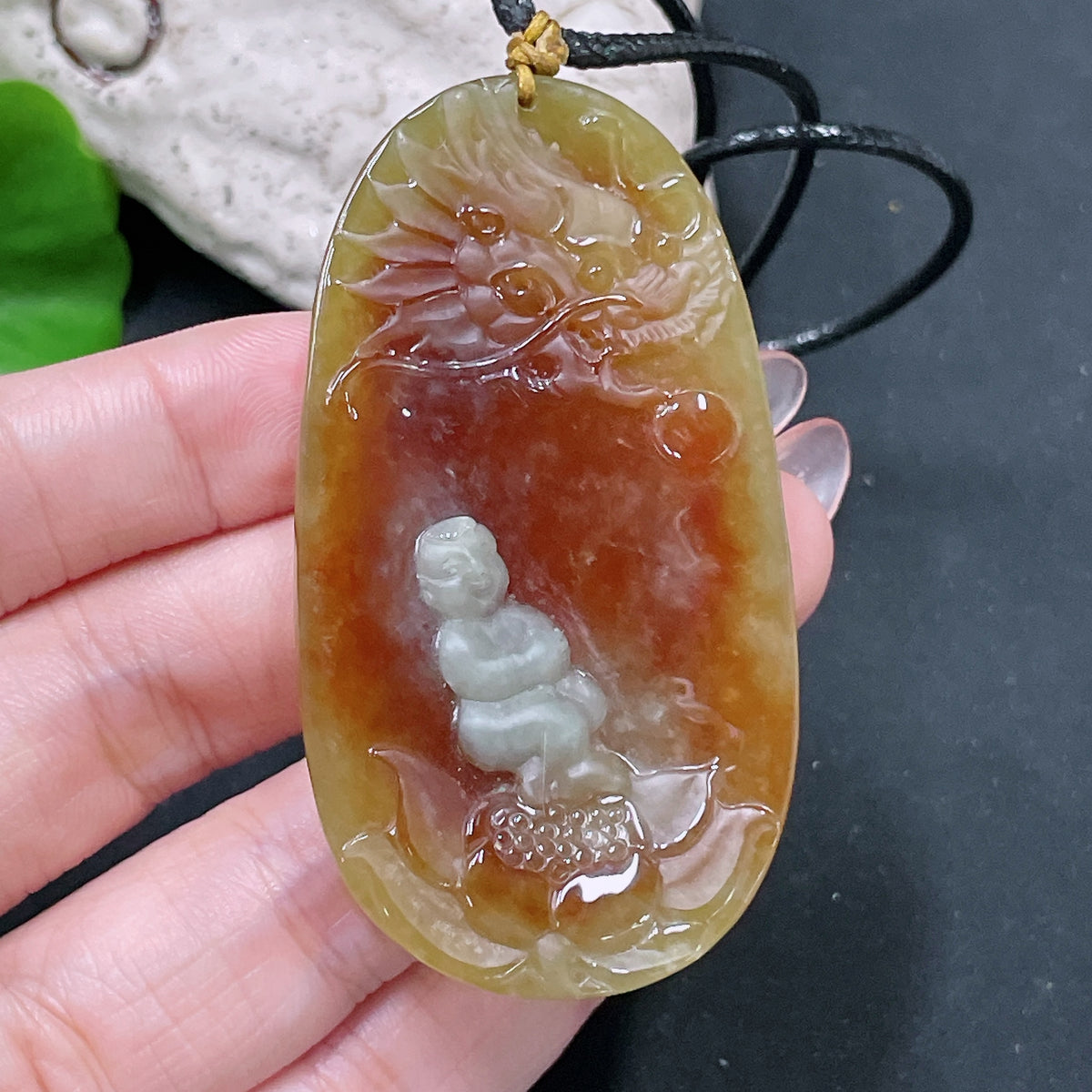 HUILIU HQ jadeite lotus pendant with yellow accents, approximately 36.65g including rope, natural jade jewelry with intricate design.