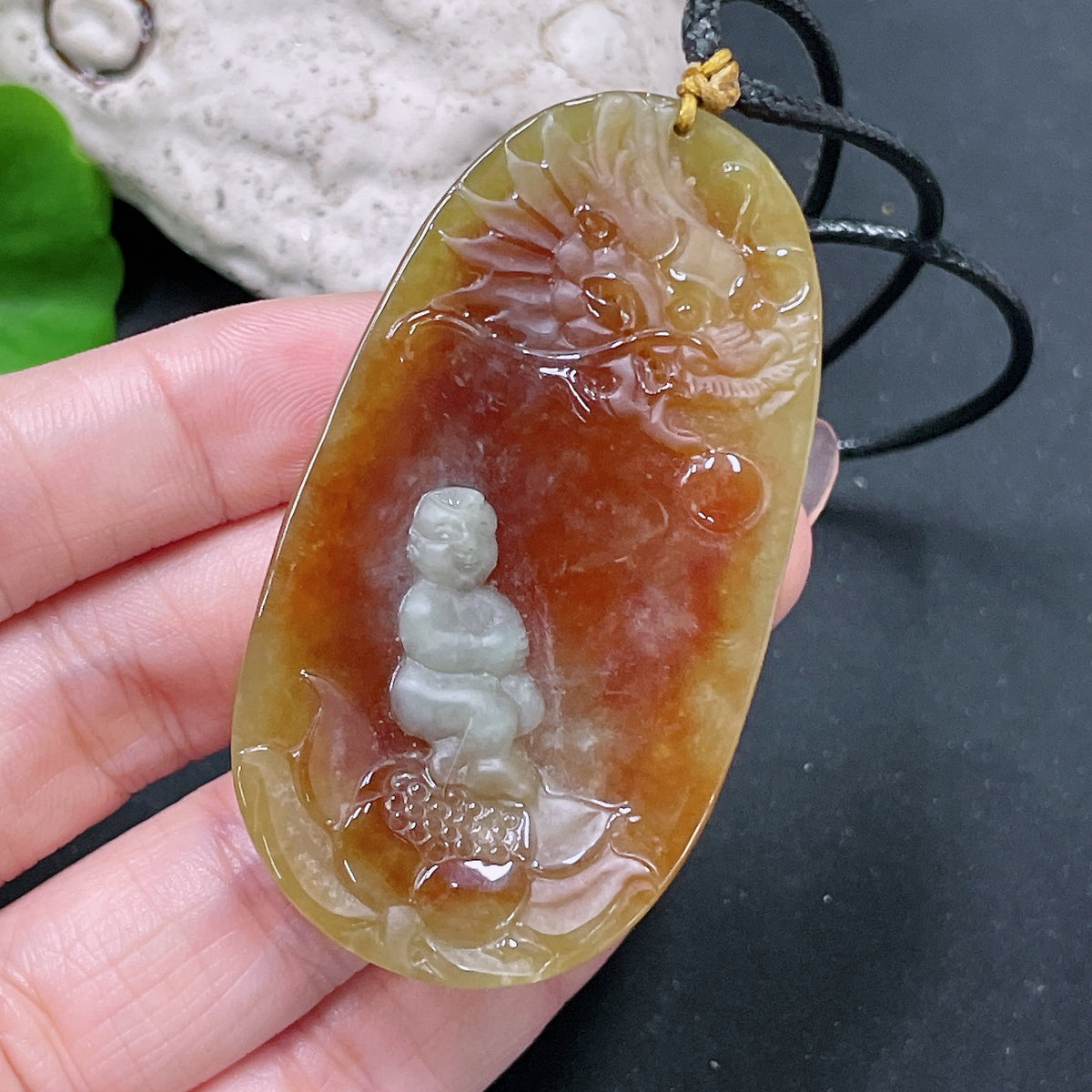 HUILIU HQ jadeite lotus pendant with yellow-colored accents, weighing approximately 36.65g including rope, natural jade jewelry piece.