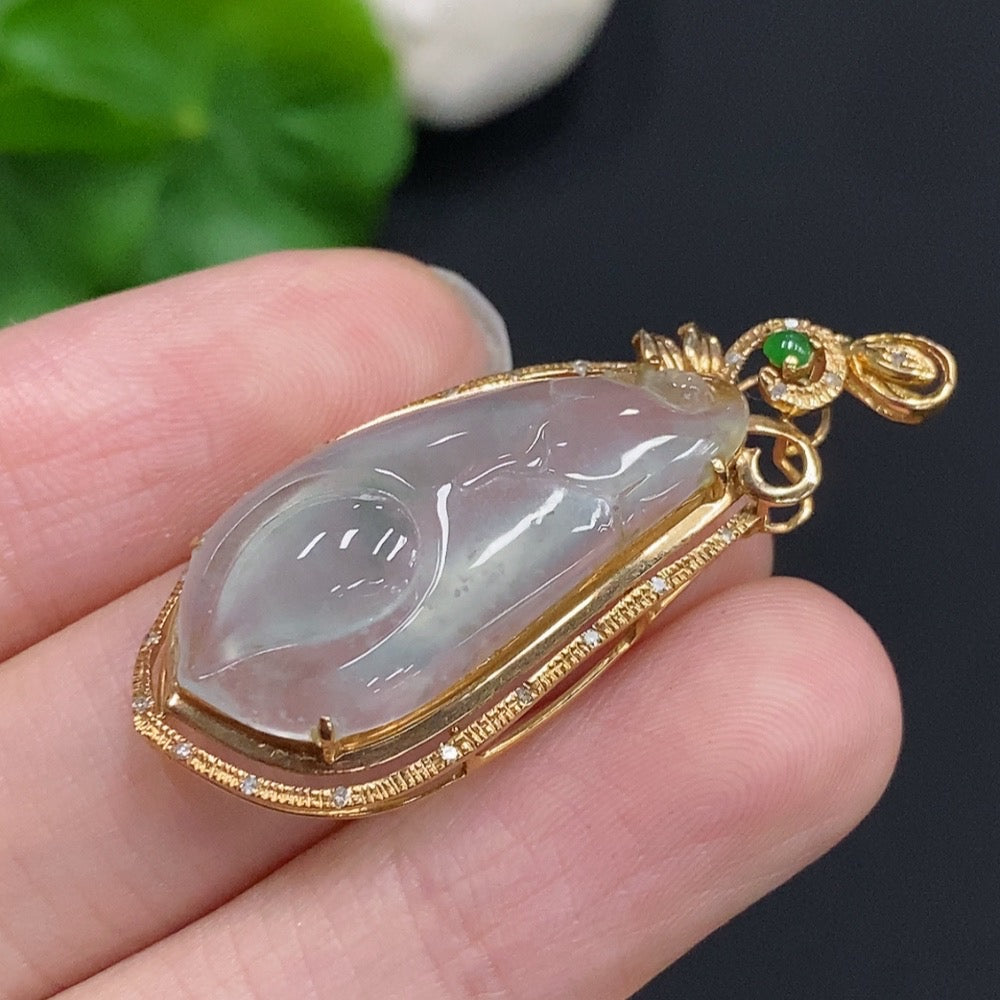 Huiliu Jadeite Magnolia pendant with diamond accents, featuring intricate floral design and polished jadeite, certified by Huiliu HQ.
