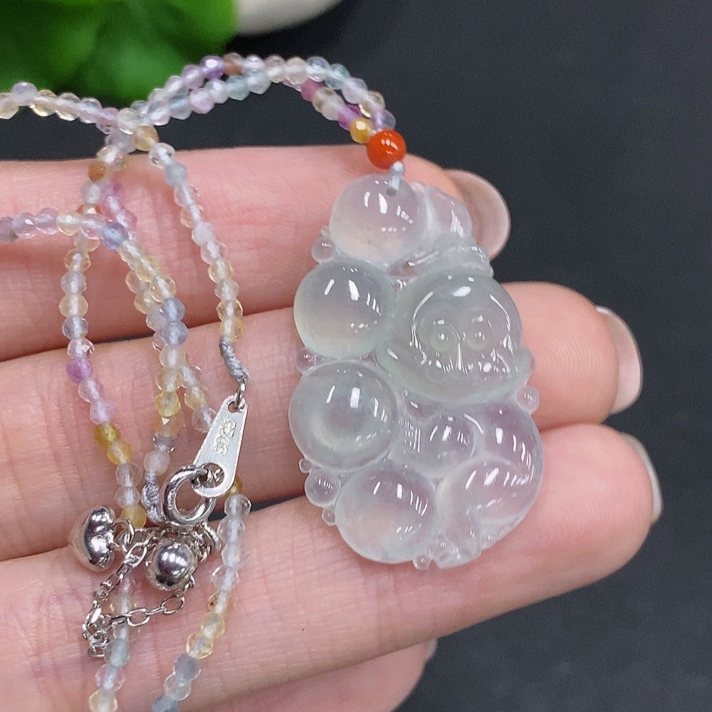 Huiliu certified jadeite monkey presenting longevity pendant with non-jadeite chain and rope, showcasing detailed craftsmanship.