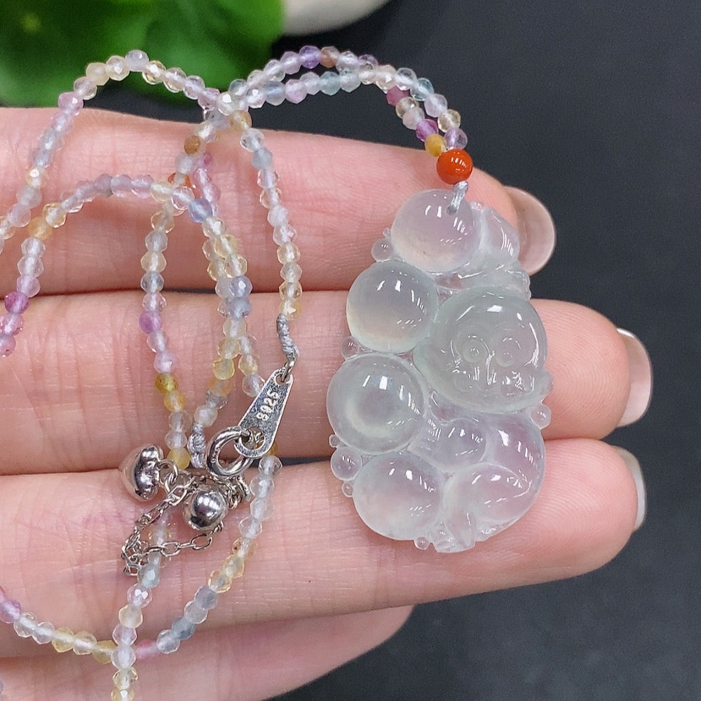 Huiliu Jadeite Monkey Presenting Longevity Pendant on non-Jadeite chain with rope, Huiliu certified, natural jade appearance.