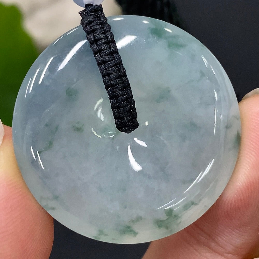 HUILIU HQ jadeite peace pendant with knot design, 13.89g, featuring natural jade beads and rope, not grade A.