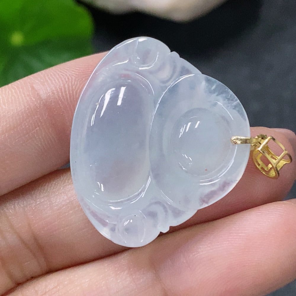 Huiliu Certified Jadeite Pendant featuring a Buddha design, smooth green jade with polished finish, hanging on a black cord.