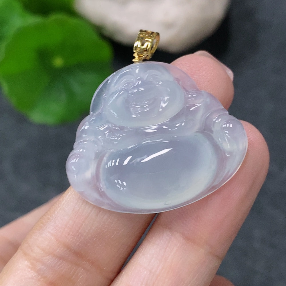 Jadeite Buddha pendant in 18K gold, crafted by HUILIU HQ, weighing approximately 5.17g, featuring detailed jade carving.