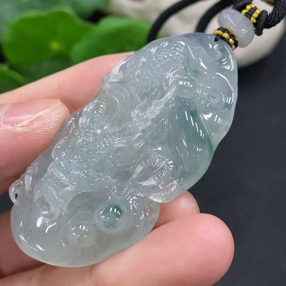 HUILIU HQ jadeite pendant featuring a detailed dragon plaque with cord, weighs approximately 27.4g, showcasing intricate craftsmanship.