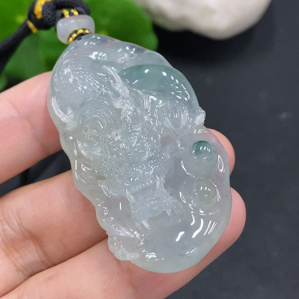 Jadeite pendant with dragon plaque and cord, crafted from jade, weighing approximately 27.4g, by HUILIU HQ.