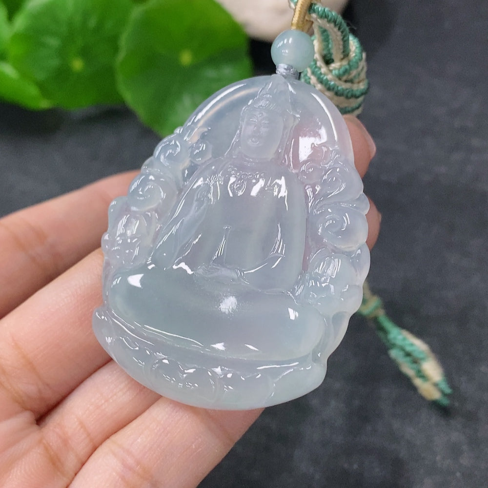 Jadeite Guanyin pendant from HUILIU HQ with a rope, weighing approximately 24.8 grams, featuring intricate carved details.