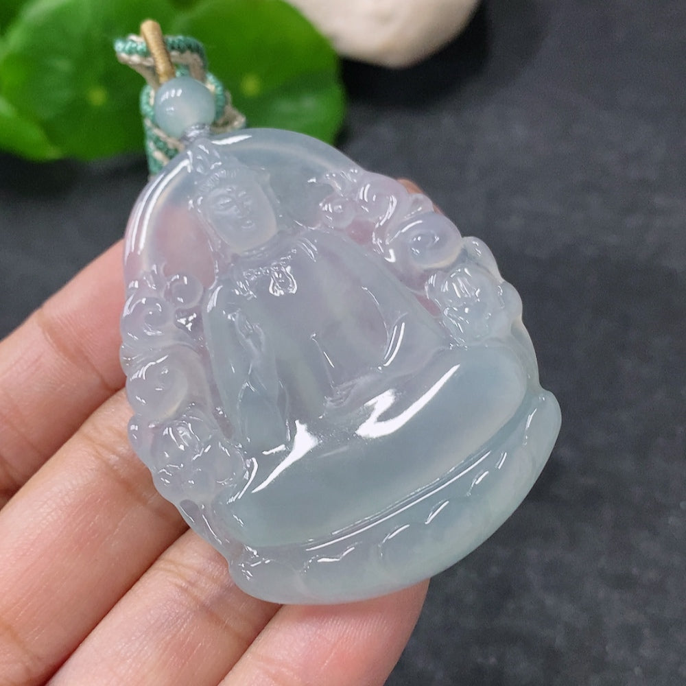 Jadeite Guanyin pendant with rope, weighing approx. 24.8g, crafted by HUILIU HQ, featuring detailed carved design.