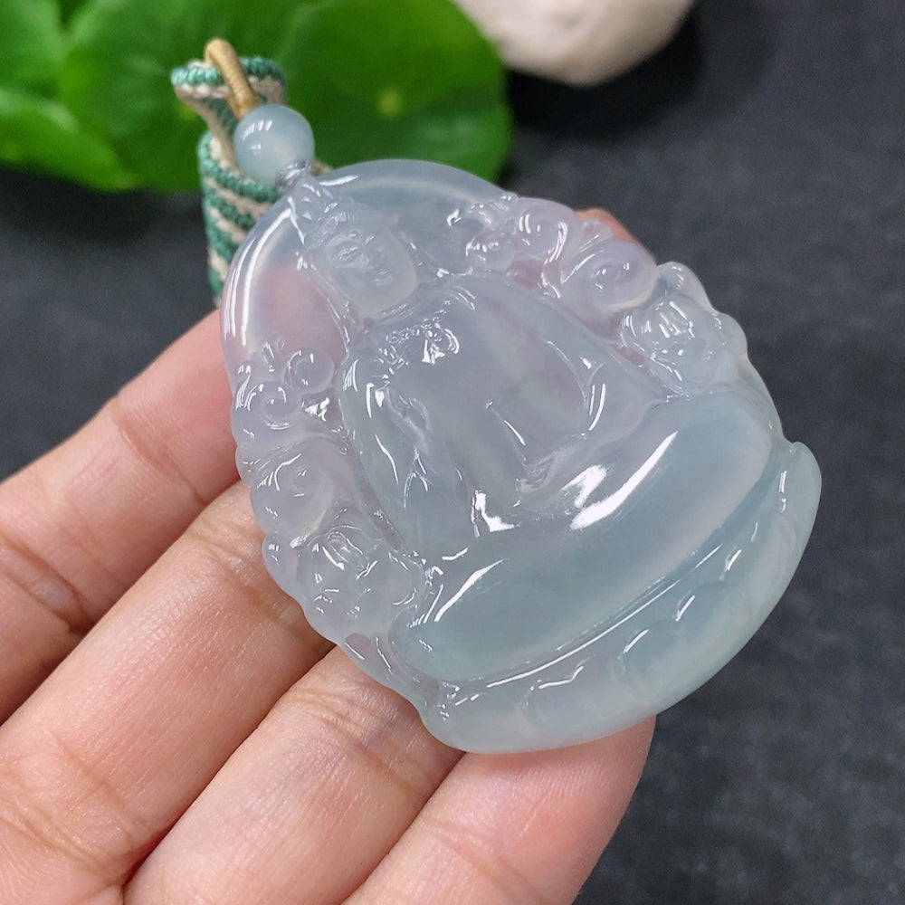 Jadeite pendant featuring Guanyin figure with rope, weighing approximately 24.8g, crafted by HUILIU HQ.