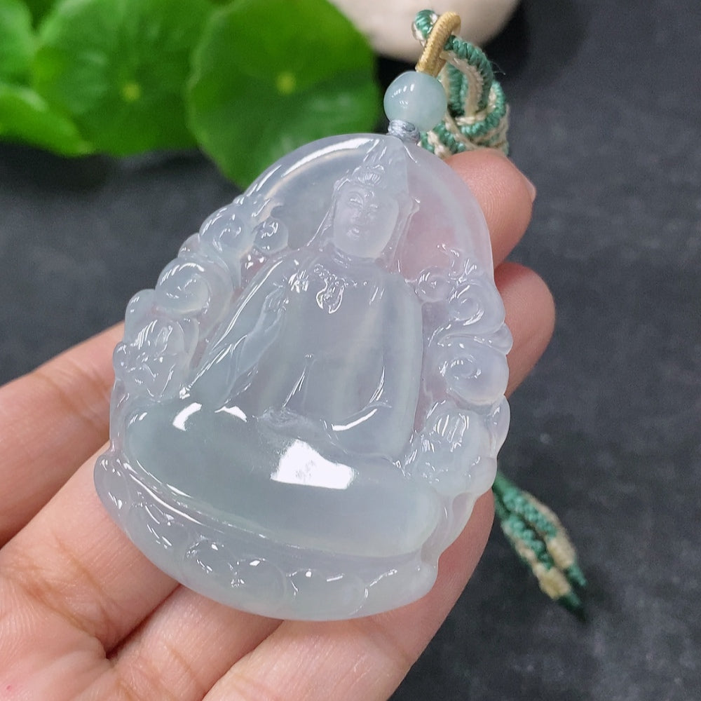 Jadeite pendant featuring Guanyin figure from HUILIU HQ, weighing approximately 24.8g with rope, showcasing detailed craftsmanship.