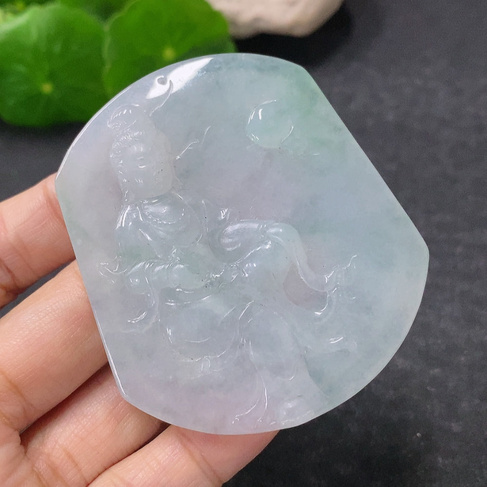 HUILIU HQ jadeite Guanyin pendant, intricately carved, weighing approximately 40.73g, showcasing detailed craftsmanship and vibrant jade color.