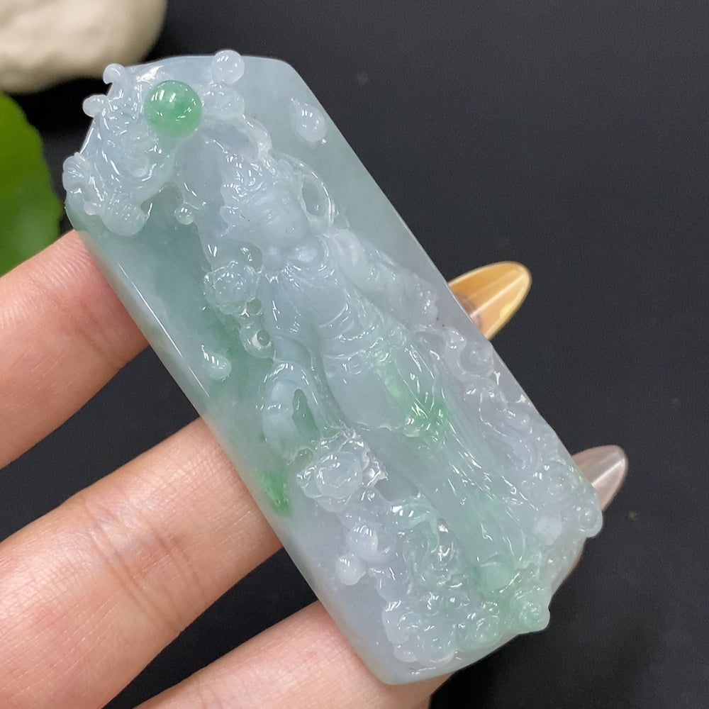 Jadeite pendant featuring Guanyin figure, crafted from jade, weighing approximately 58.34g, by HUILIU HQ.