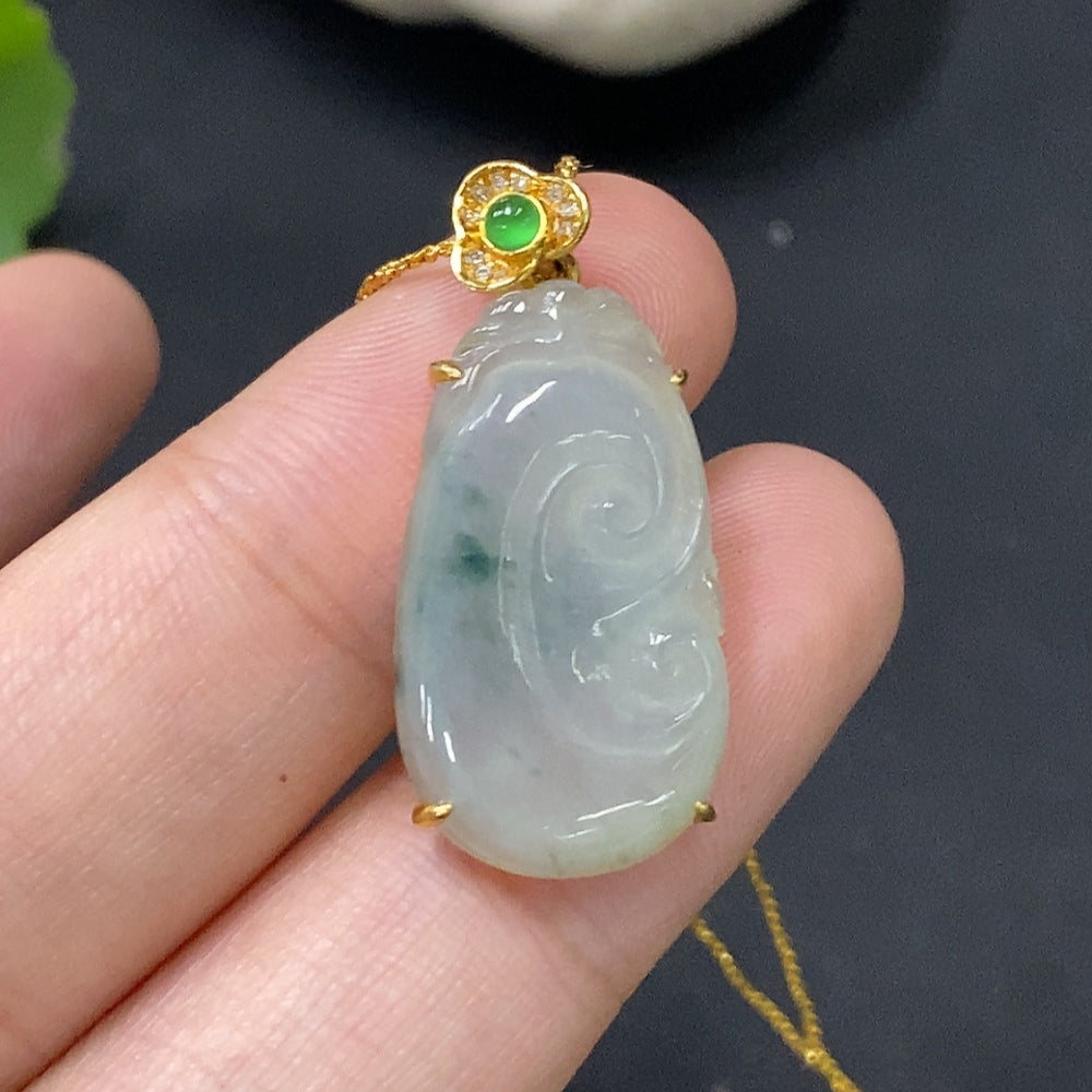 Huiliu Certified jadeite pendant with main body rest design, displayed with a chain, showcasing smooth, polished jade surface.