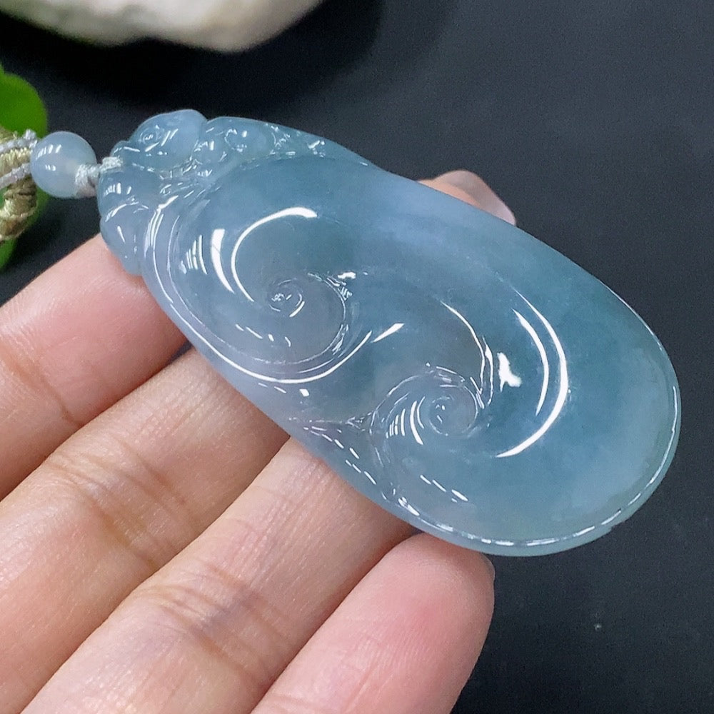HUILIU HQ jadeite pendant Ruyi with rope, approximately 20.33g, showcasing smooth green jade and intricate Ruyi design.