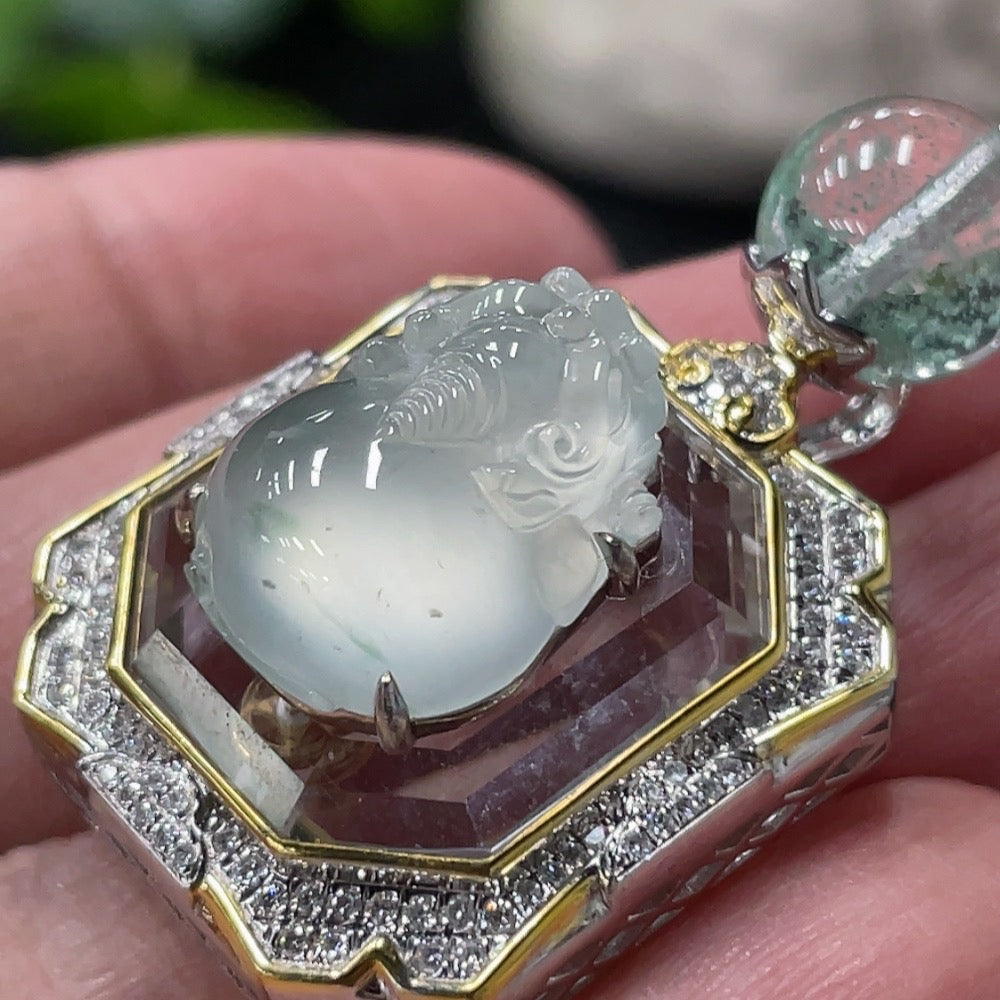 Huiliu Jadeite Pixiu pendant with diamond inlay, featuring accent stones, crafted from high-quality jade by HUILIU HQ.