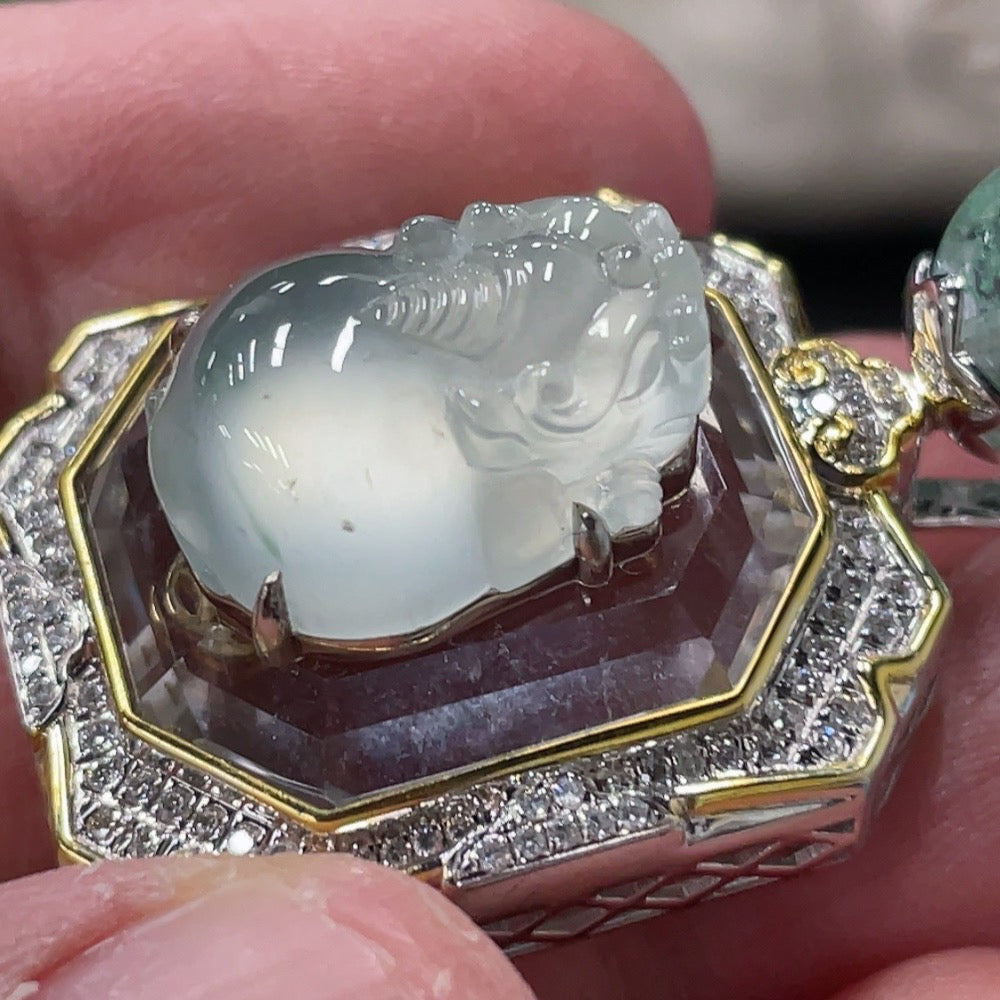 Huiliu Jadeite Pixiu inlay pendant with diamond accents, featuring intricate jade design and non-grade A accent stones.