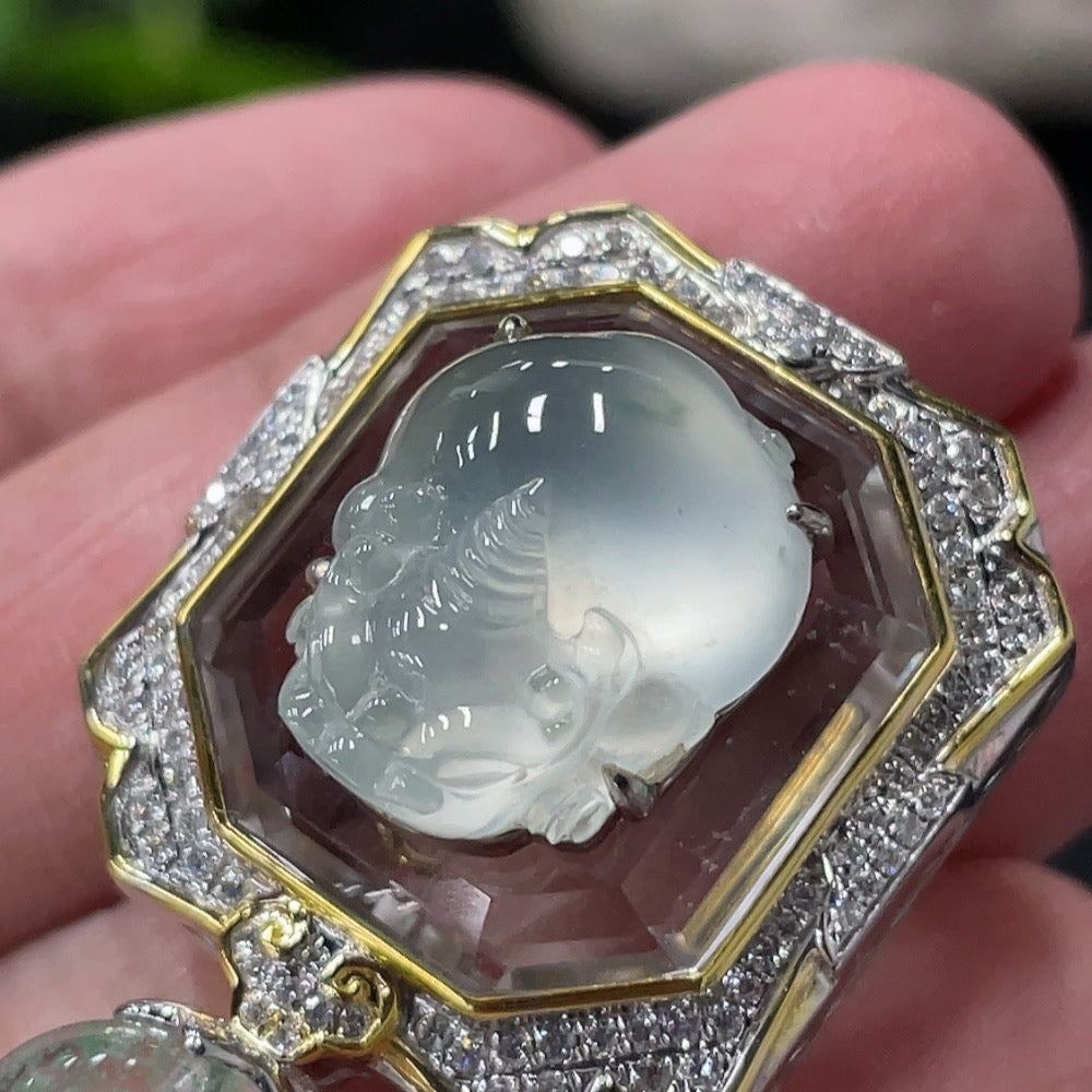 Huiliu Jadeite Pixiu pendant with diamond inlay and accent stones, showcasing intricate craftsmanship and vibrant jade color.