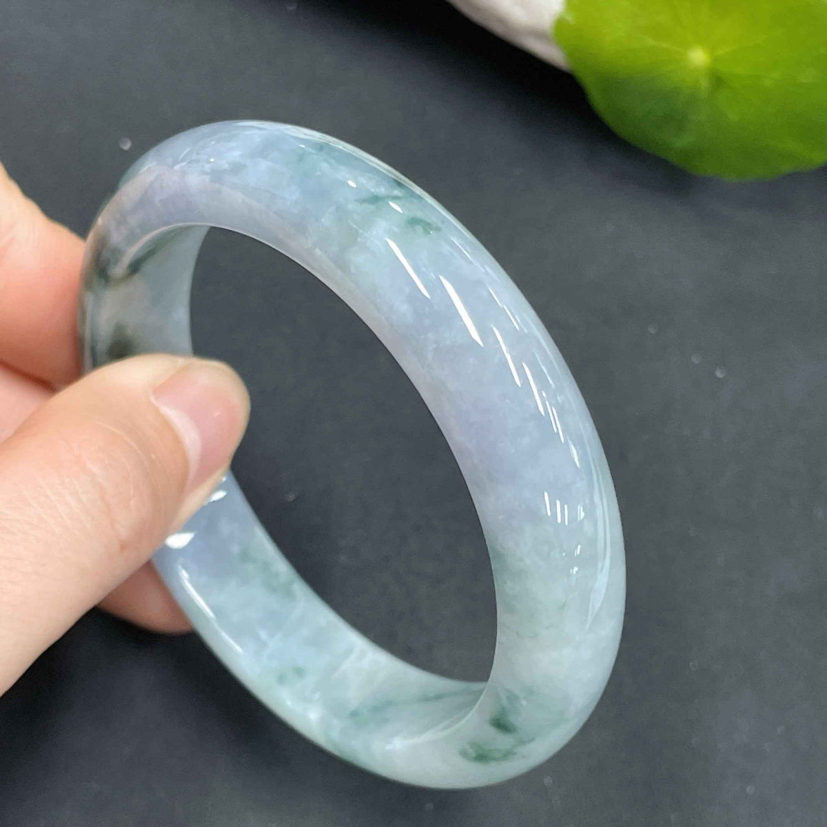 HUILIU HQ jadeite regular bangle with 53.8 cm circular size, smooth green jade bracelet showing polished surface and natural stone details