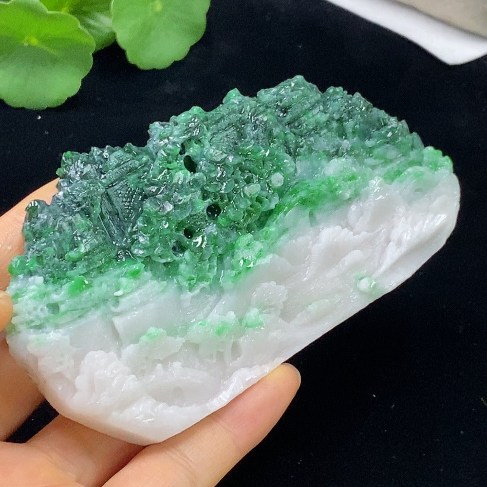 Huiliu Certified Jadeite rough mountain and water display piece featuring mineral components, showcasing natural jadeite textures and colors.