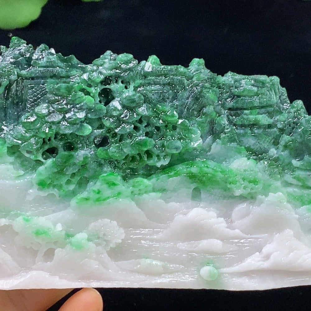 Huiliu Certified Jadeite rough mountain and water display piece with mineral components, showcasing natural jade mineral formations.