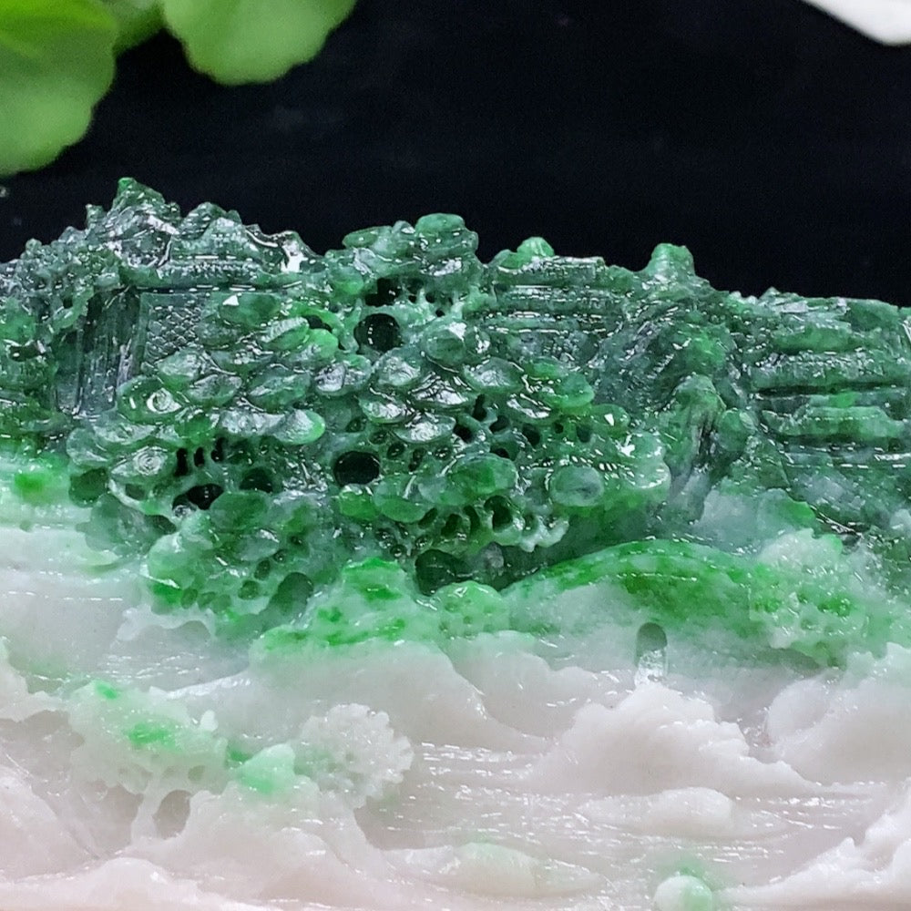Huiliu certified jadeite rough mountain and water display piece with mineral components, showcasing natural jadeite textures and colors.