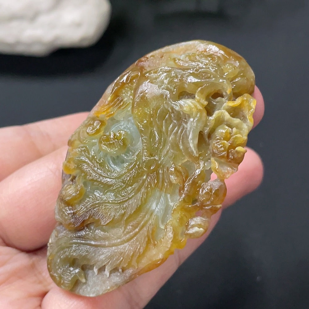 Huiliu HQ jadeite rough phoenix pendant in natural green with undetermined color origin, certified jade jewelry.