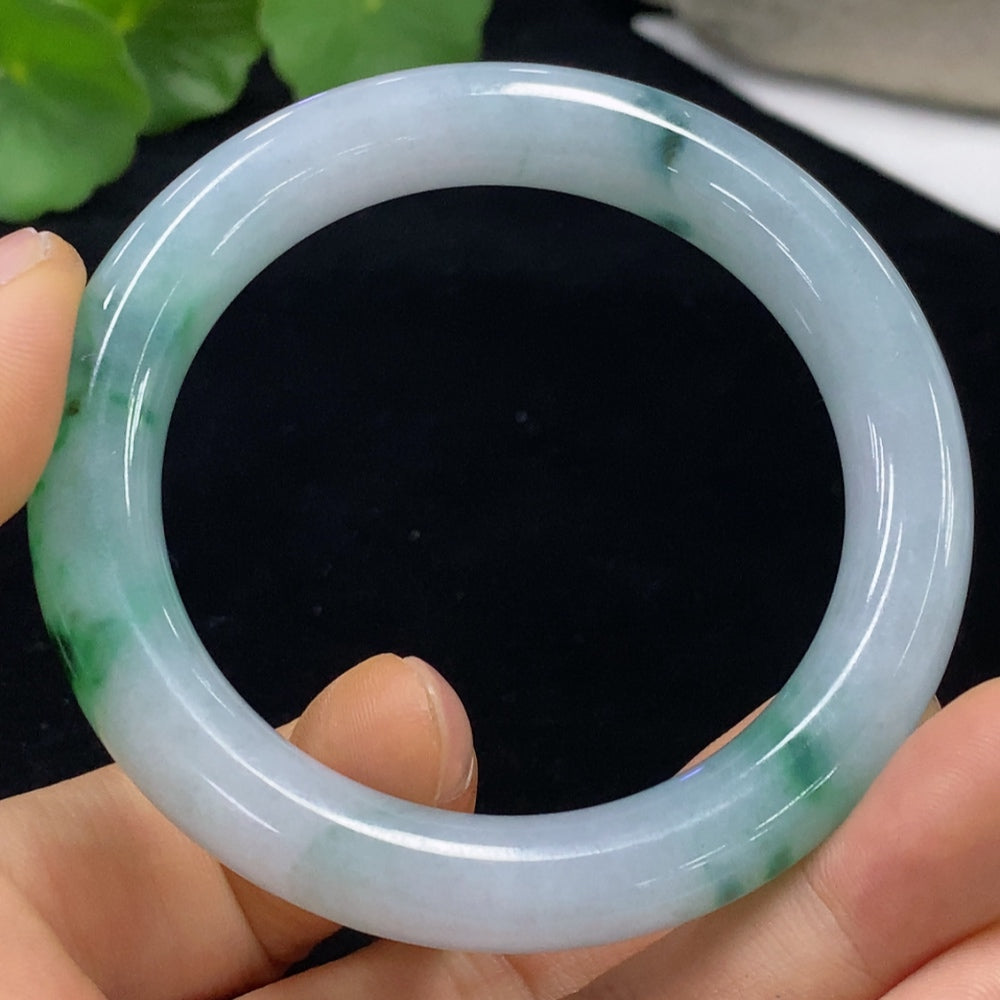 HUILIU HQ jadeite round bangle with mineral components, weighing approximately 50.93g, size 52.4, natural green and mineral accents.