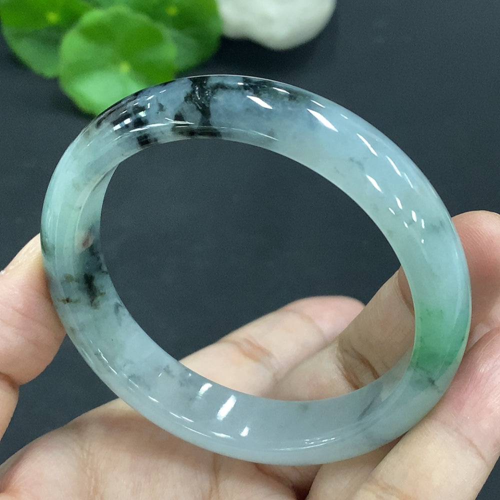 HUILIU HQ jadeite round bracelet, size 55.5, with mineral components, showcasing smooth polished jadeite beads.