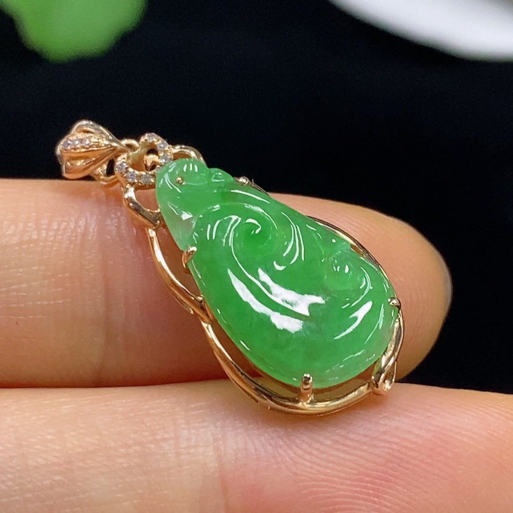 Huiliu Jadeite Ruyi pendant with diamond accents, inlaid design, crafted from green jade, Huiliu Certified jewelry.